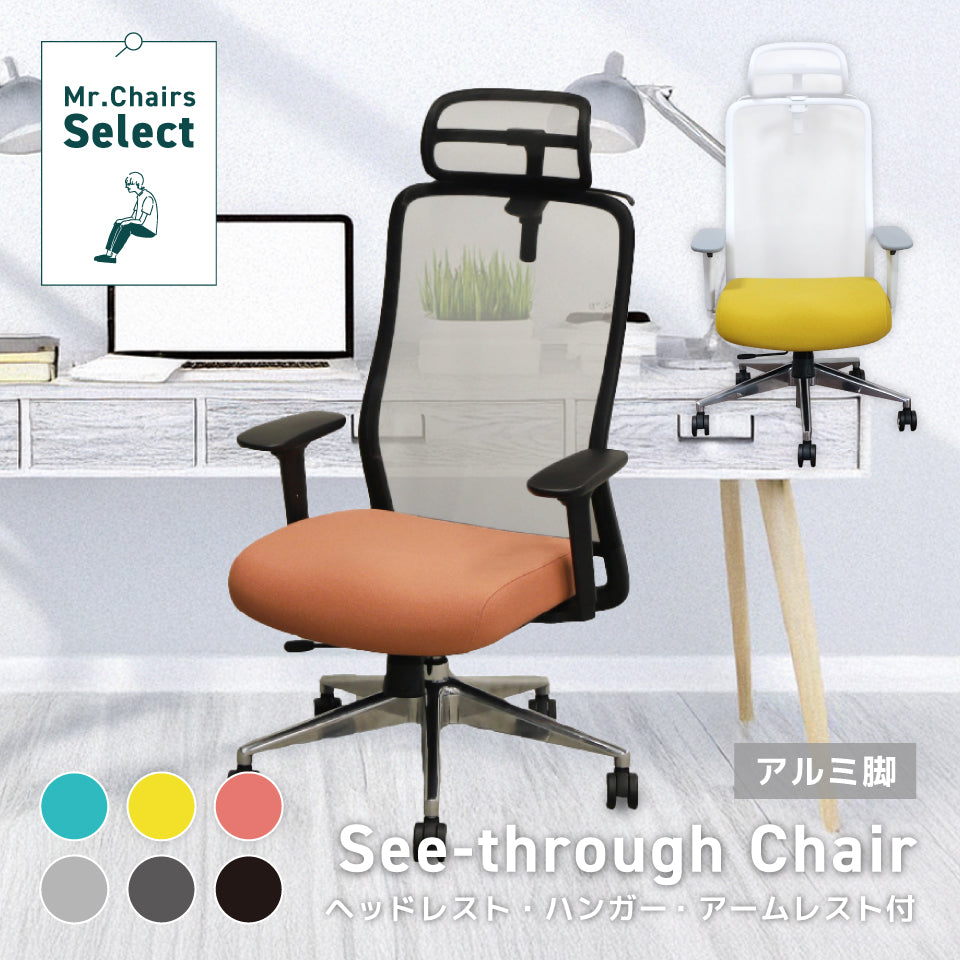 シースルーチェア （肘付き・ヘッドレスト ハンガー付き）アルミベース